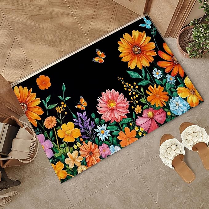 Colorful Flowers Welcome Mat Indoor,Spring Garden Wildflower Butterfly Front Door Mat,Non-Slip Entryway Rug, Low Profile Felt Indoor Doormat for Back Door Porch Patio Entrance,30 x 17 Inch