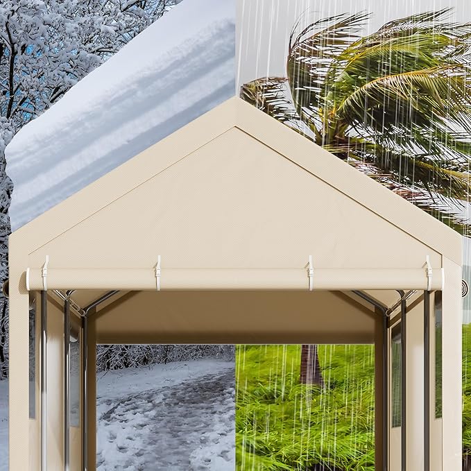 Nuturelly 10x20 FT Carport, Heavy Duty Carport Canopy with Roll-up Windows, Portable Garage with Removable Sidewalls & Doors, Car Canopy with All-Season PE Tarp for Car, Truck, Boat(Khaki)