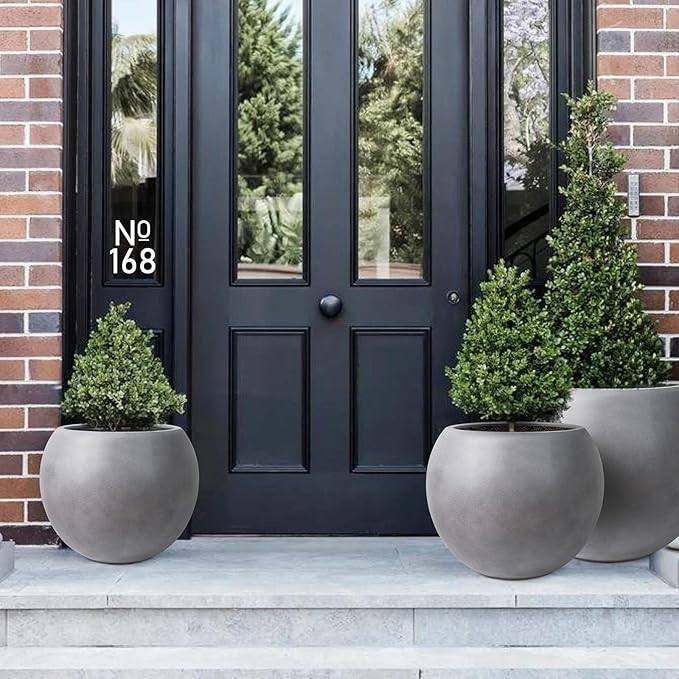 13.5 H x 17" Dia (12" Pot Opening) Round Fiberstone Planter with Drainage Hole, Gray, Indoor/Outdoor Large Plant Pot for Home Patio Garden, Ideal for Large Plants