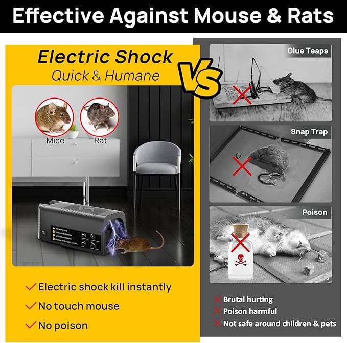Rat Zapper Electric Mouse Trap Zapper 2 Pack Electronic Mice Killer Effective Rodent Trap with Powerful Voltage Mouse Traps Indoor for Home Garage Attic Living Room