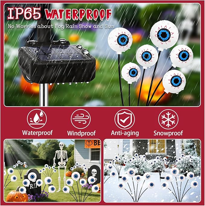 Halloween Decorations Outdoor, 6 Pack 36 LED Solar Red Scary Eyeball Swaying Lights, Red Solar Firefly Light Waterproof Outdoor Garden Lights for Halloween Yard Garden Party