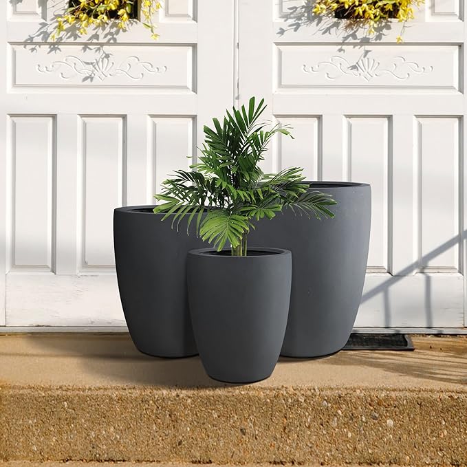 Kante 18.1",20.5",22.4" H Tall Round Concrete Planters Set of 3, Outdoor Indoor Modern Decorative Plant Pots with Drainage Hole & Rubber Plug for Home & Garden Charcoal