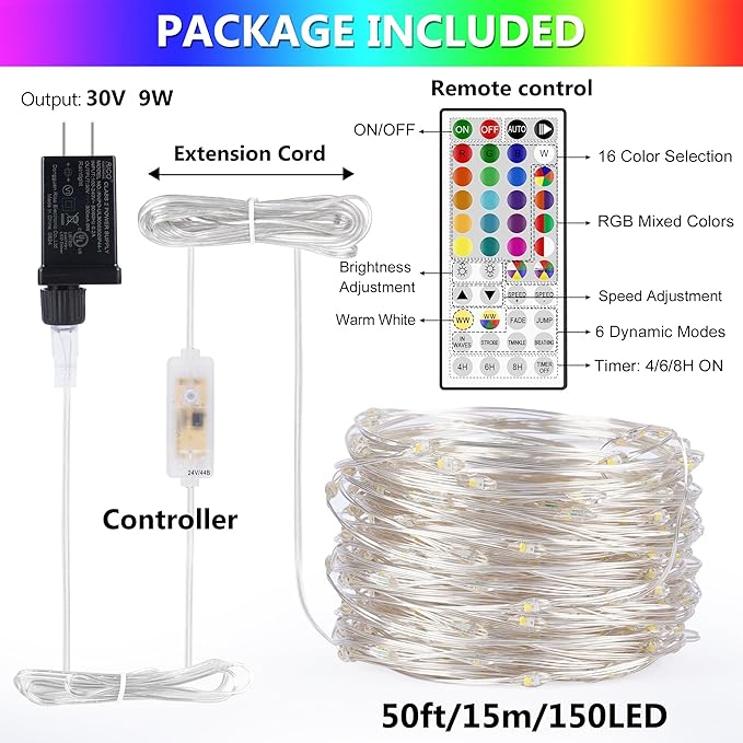 50ft Fairy Lights Plug in, Dimmable 25 Colors 14 Modes RGB+Warm White Color Changing String Lights,150LED Twinkle Lights with Remote, Outdoor String Lights for Room Garden Halloween Christmas Décor