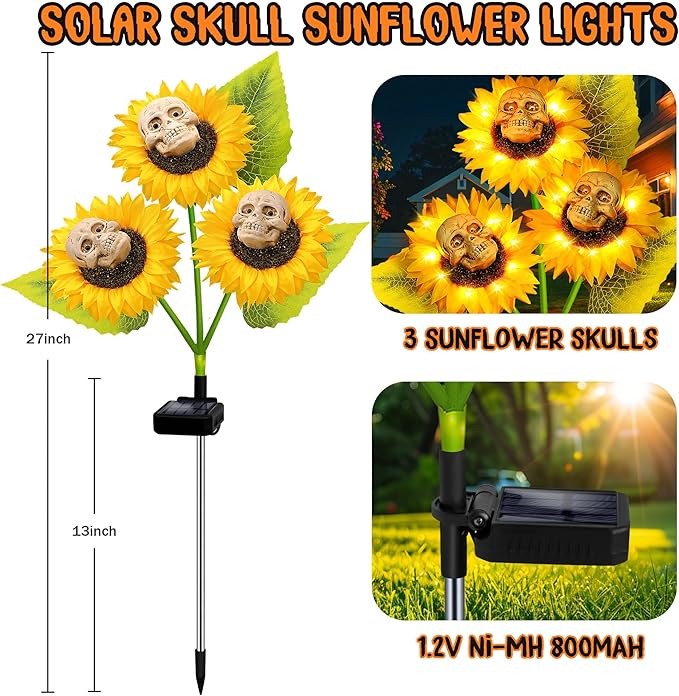 Halloween Decorations Outdoor, 3 Pack Solar Scary Skull Sunflowers Lights,Waterproof Solar Flowers Lights Garden Decor for Halloween Yard Patio Lawn Party Decor