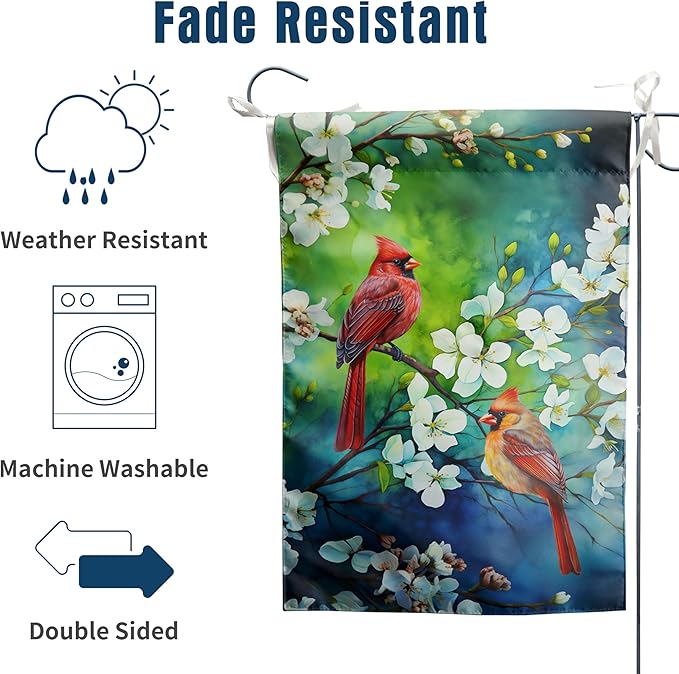 Spring Summer Cardinal Birds Garden Flags for Outside Birds Outdoor Flags Decorative 12x18 Double Sided Floral Welcome Yard Flag Small Red Bird Flag Dogwood Flower Decor