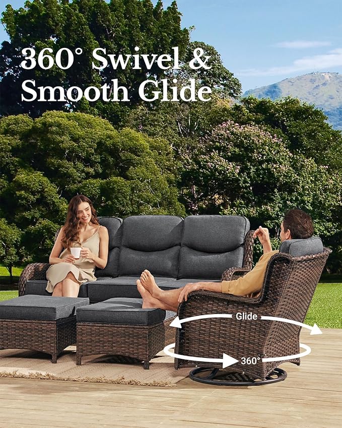 HILLGA Luxury High Back Patio Furniture Set with 6-Inch Thick Cushion, 8-Piece Outdoor Conversation Set with Sofa, Swivel Rocker Chairs & Ottomans, Ideal for Porch Pool Deck Yard (Dark Grey)