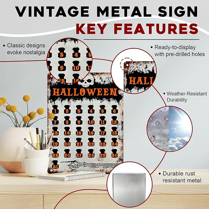 Halloween Countdown Vintage Sign Halloween Skull Metal Tin Sign for Home Bar Kitchen Hotel Dining Room Coffee 12x16inch