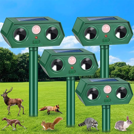 2025 4Pack Deer Repellent Device Solar Animal Repeller Cat Repellent Outdoor Ultrasonic Animal Repellent with Motion Detection to Scare Coyote Rabbit Squirrel Skunk Dog Fox Raccoon