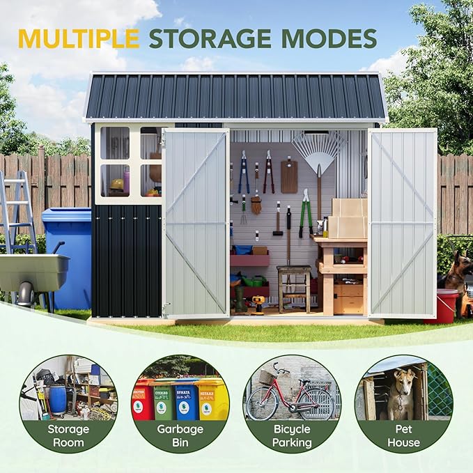 Breezz 6X8FT Outdoor Steel Storage Shed with Frame Floor,Clear Window, Lockable Doors, Weather-Resistant Metal Tool Shed for Garden, Backyard, Patio, and Utility Storage,Nightblue