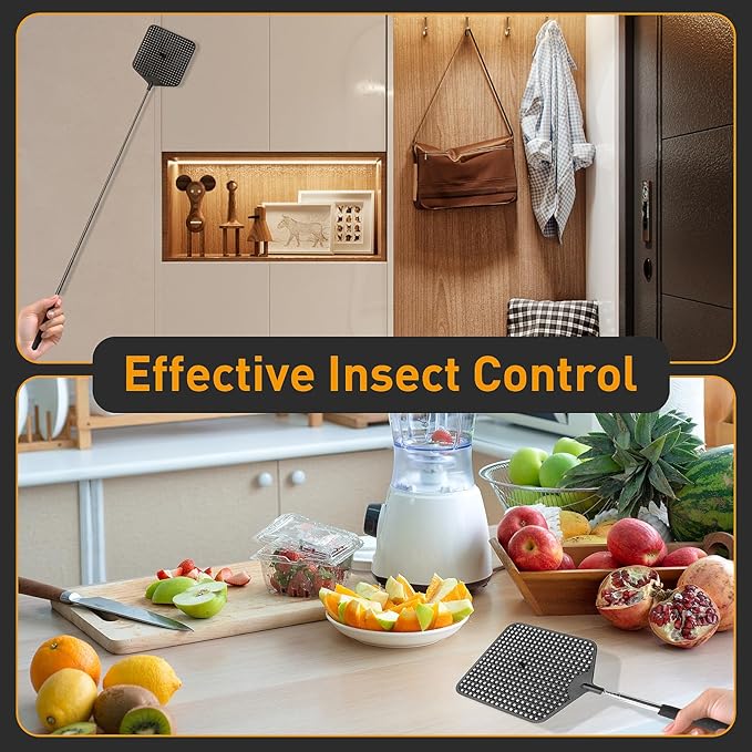 Telescopic Fly Swatter 3 Pack, Premium Plastic Fly Swatter, Flyswatters Heavy Duty, Stainless Steel Handle（Black）