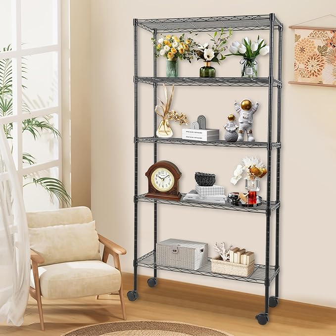 FDW Adjustable 5-Tier Metal Shelf with Wheels, 250 lbs Capacity, Easy Assembly, Ideal for Small Spaces