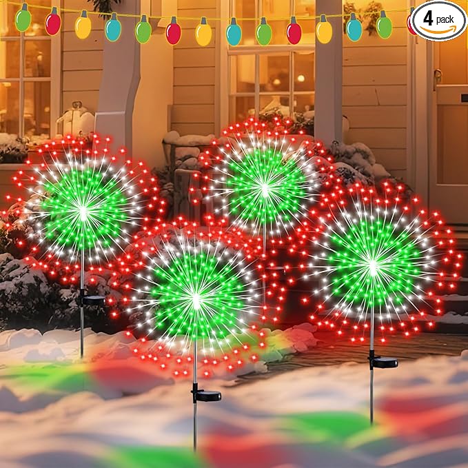 4 Pcs Christmas Solar Firework Stake Lights 180 LED 8 Modes Christmas Solar Lights Waterproof LED Sparkler Lights Outdoor Decoration for Xmas Holiday Garden Patio Yard Pathway Walkway