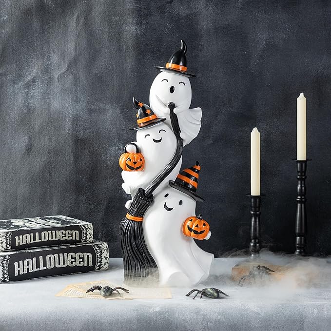 Glitzhome Halloween Front Porch Decor, 21.75" H Resin Stacked Ghost Standing Sign for Indoor Patio Party Decorations