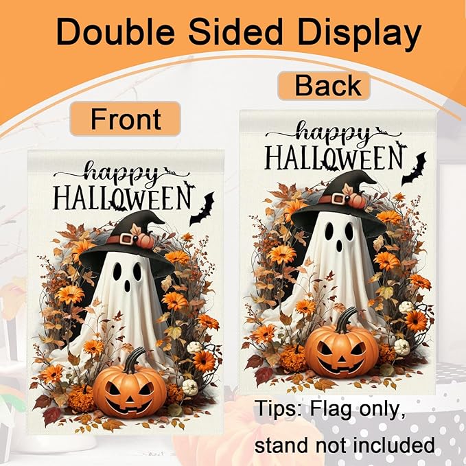 Happy Halloween Garden Flag 12x18 Double Sided Small Burlap Ghost Jack-o'-lantern Bat Yard Outdoor Decorative Flag