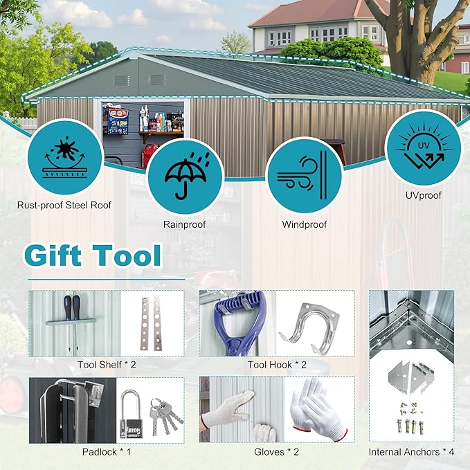 Sheds & Outdoor Storage 8ft x 10ft Metal Storage Shed with Metal Foundation, Gloves, Anchors, Tools Garden Tool Storage Cabinet with Secure Sliding Doors with Padlock for Backyard, Patio, Gray