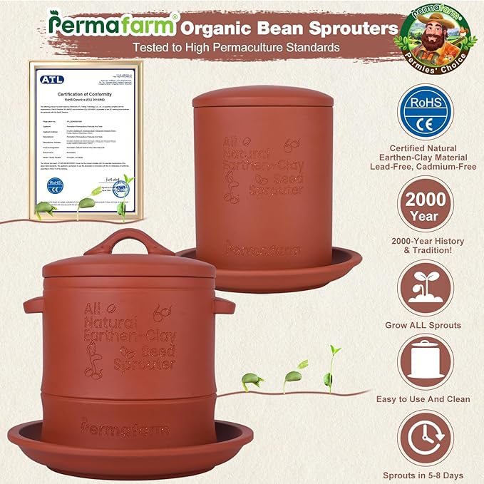 Permafarm® Organic Bean Sprouter, Natural Earthen-Clay Mung Bean Sprouter, Sprouts Growing Kit for Soybeans, Broccoli, Alfalfa & More | Lead-Free, Cadmium-Free (Large Size for Family)
