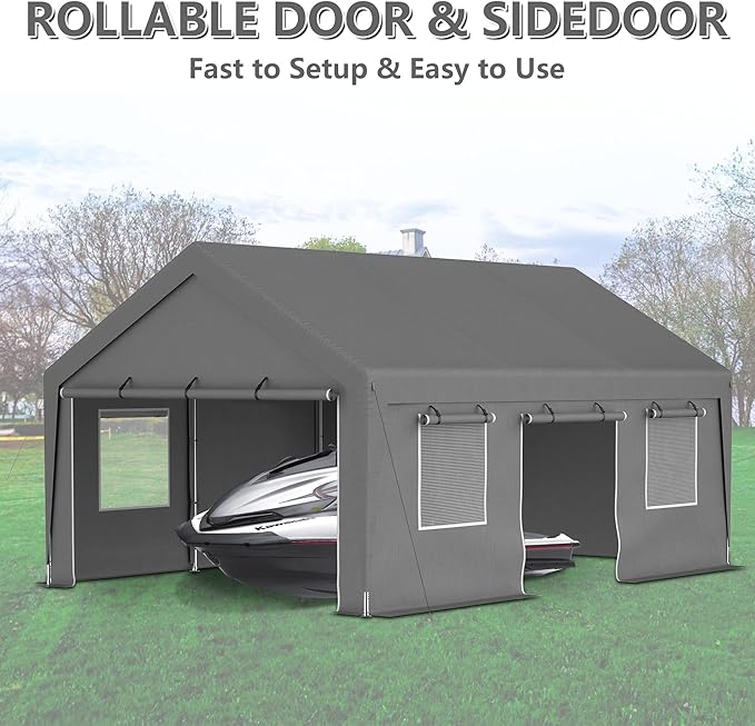 Carport 13x20ft Portable Garage Car Canopy Heavy Duty Car Port with Mesh Windows and Removable Sidewalls UV Resistant Waterproof All-Season Tarp for SUV,Boat,Car, Truck Gray