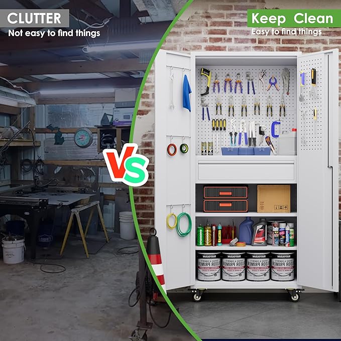 71" H Metal Garage Storage Cabinet with Wheels and Doors,Rolling Tool Cabinet with Pegboard,Rod and Drawer for Garage Warehouse Home,Required Assembly,White