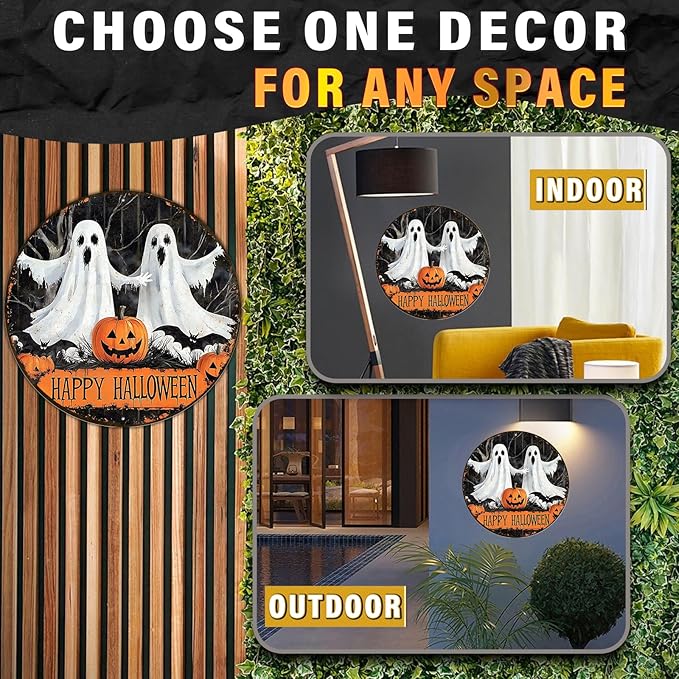 PEACHGARDEN Round Happy Halloween Pumpkin Wreath Vintage Sign Halloween Ghost Metal Tin Sign for Home Bar Kitchen Hotel Dining Room Coffee 12x12inch