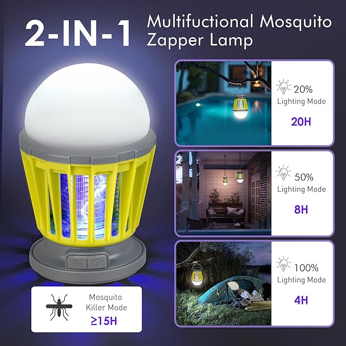 Solar Bug Zapper Outdoor Waterproof, Portable Mosquito Zapper, 2-in-1 Cordless & Rechargeable Bug Zapper with LED Light for Home, Camping, Patio, Yard, Pool (Green