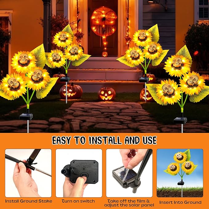 Halloween Decorations Outdoor, 3 Pack Solar Scary Skull Sunflowers Lights,Waterproof Solar Flowers Lights Garden Decor for Halloween Yard Patio Lawn Party Decor