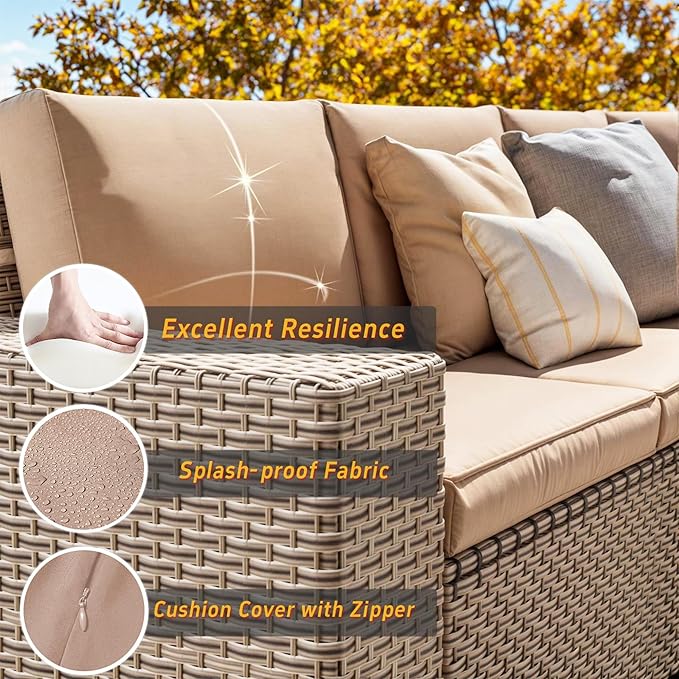 6 Pieces Patio Furniture Set, Outdoor Sectional Wicker Sofa with Thickened Cushions and Coffee Table, High Back Rattan Patio Conversation Sets for Garden Backyard, Khaki