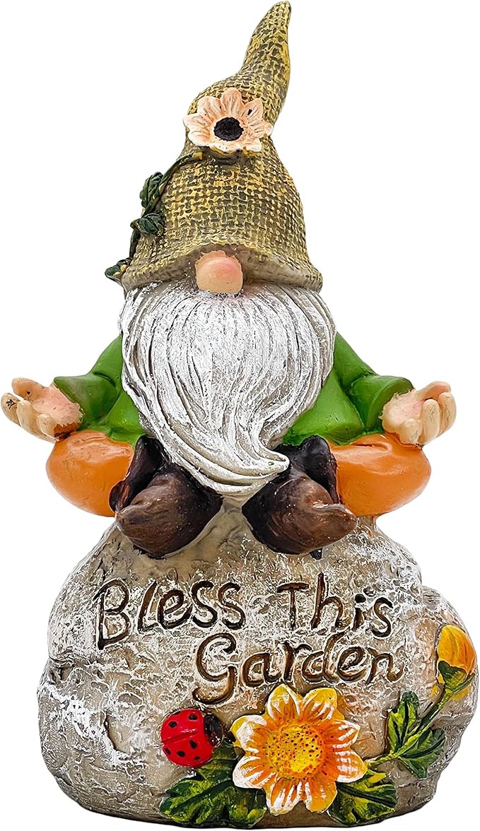 Galt International Bless This Garden Stone Meditating Garden Gnome Statue 8" - Hand Painted Décor for Outdoor Patio Lawn Ornaments Birthday Housewarming Gift