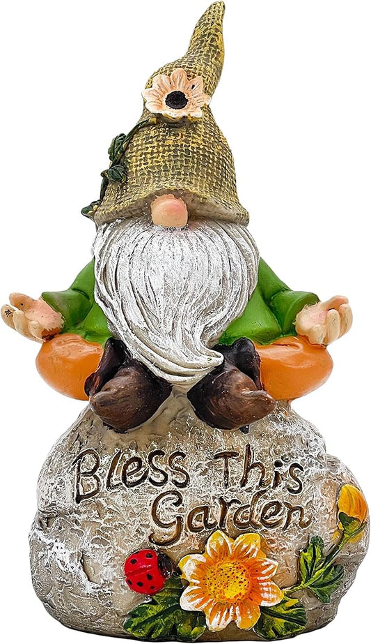 Galt International Bless This Garden Stone Meditating Garden Gnome Statue 8" - Hand Painted Décor for Outdoor Patio Lawn Ornaments Birthday Housewarming Gift