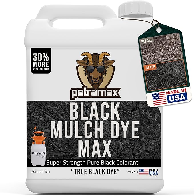 Petra Black Mulch Dye Spray Use with PetraTools Sprayer to Refresh Fading Landscape - Black Dye to Wood Mulch for Landscaping - Rubber, Pine Straw, Bark, Cedar & Playground Cover (14,400 Sq Ft, 1 Gal)