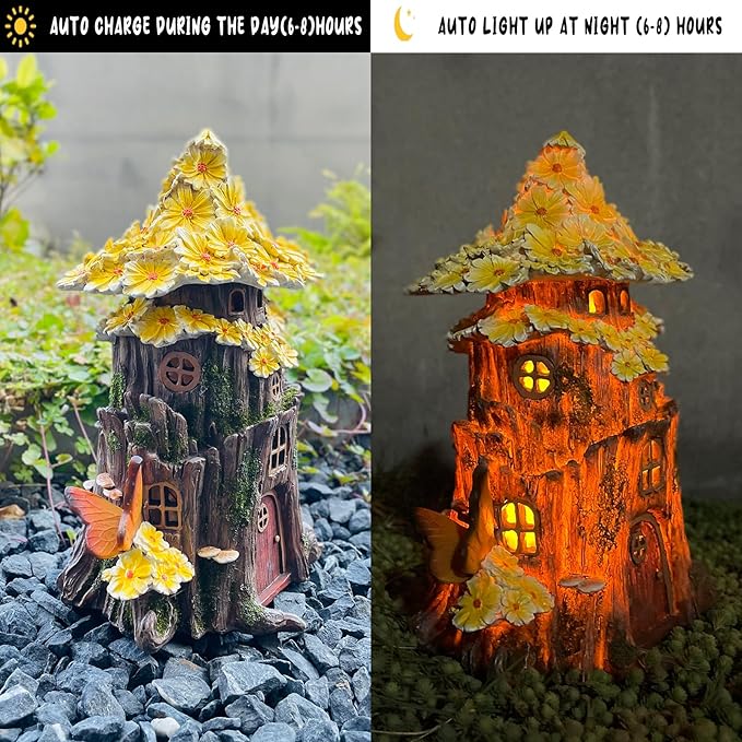 COWOS Solar Fairy House, Fairy Garden Decor House, Solar Powered Lights Garden Figurine for Outdoor Patio Lawn Yard Garden Decorations