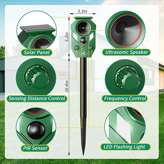 Solar-Powered Ultrasonic Animal Repellent with Motion Sensor, Waterproof Deer Repellent Device with LED Flashing Lights, Perfect for Outdoor Yards, Effective to Repel Deer, Coyotes, Raccoons, and Cats