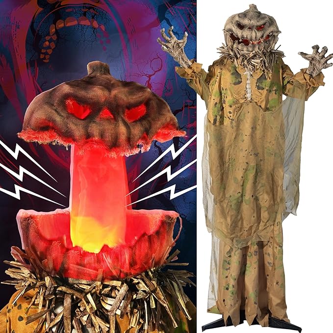 Hourleey 6FT Animatronics Halloween Decorations Outdoor, Animated Pumpkin Ghost with Pop Up Head and Sound Activation for Indoor Party Haunted House Prop Yard Lawn Decor