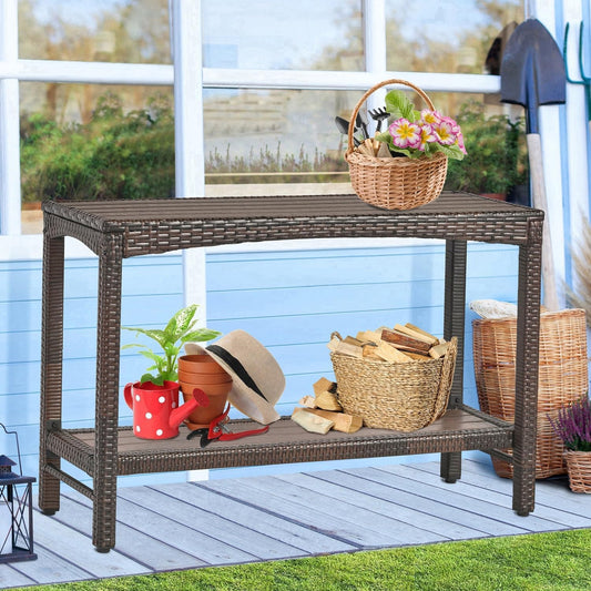 Outdoor Console Table Patio Buffet Bar Storage Organizer 45" Long Wicker Sofa Serving Sideboard Table 2-Shelf Outdoor Bar Table Tall Rectangle Narrow with Adjustable Feet for Entryway Balcony Brown