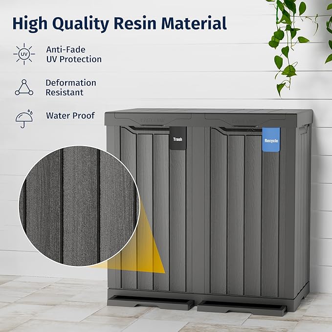 EAST OAK 62 Gallon Outdoor Trash Can | Waterproof Resin Garbage Can with Recycle and Garbage Labels | Secure Bag Lip Lock and Drip Tray | Outside Trash Bin for Patio | Kitchen, Backyard or Deck | Gray