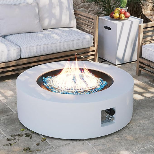 UPHA 42-inch Outdoor Propane Gas Fire Pit Table 50000 BTU Iron Round Firepit for Outside Patio with Tank Hidden Table, Removable Lid, Blue Glass Rocks, Rain Cover, White