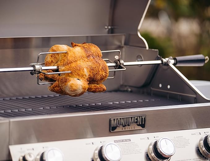 Monument Grills Larger 4-Burner Propane Gas Grills Stainless Steel Cabinet Style with Infrared Side Sear & Side Burners Knob Controls Built-In Thermometer with Stainless Steel Rotisserie Kit(2 Items)