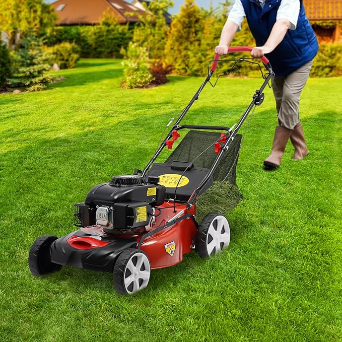 140CC 4 Stroke Walk-Behind Lawn Mower Gas Powered Push Lawn Mower with Wheels and Grass Collecting Bag Grass Trimmer for Yards Gardens Lawns, 8 Adjustable Height, 20-in Cutting Width,5HP