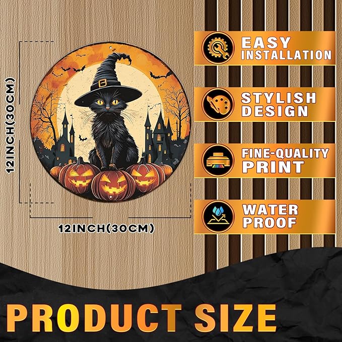 PEACHGARDEN Round Black Cat With Bats On Pumpkin Vintage Sign Halloween Metal Tin Sign for Home Bar Kitchen Hotel Dining Room Coffee 12x12inch