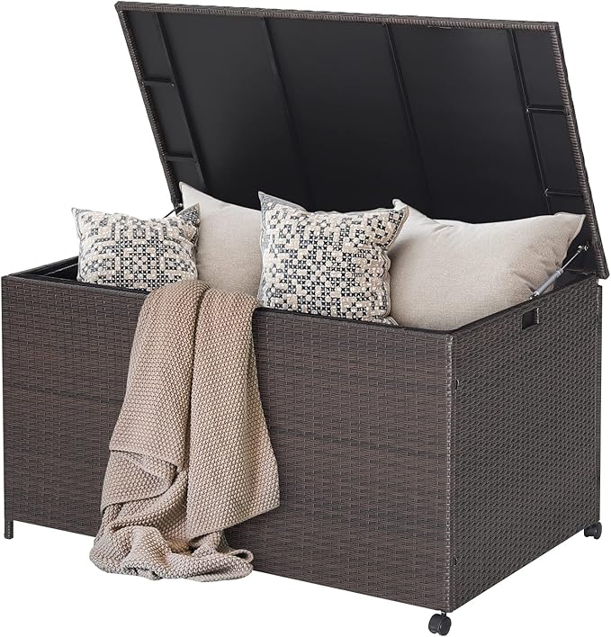 Tangkula 133 Gallon Deck Storage Box, Patio Rattan Storage Container with 2 Universal Wheels, Safety Pneumatic Rod, Zippered Liner, Sturdy Steel Frame, Ideal for Backyard, Poolside