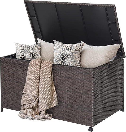 Tangkula 133 Gallon Deck Storage Box, Patio Rattan Storage Container with 2 Universal Wheels, Safety Pneumatic Rod, Zippered Liner, Sturdy Steel Frame, Ideal for Backyard, Poolside