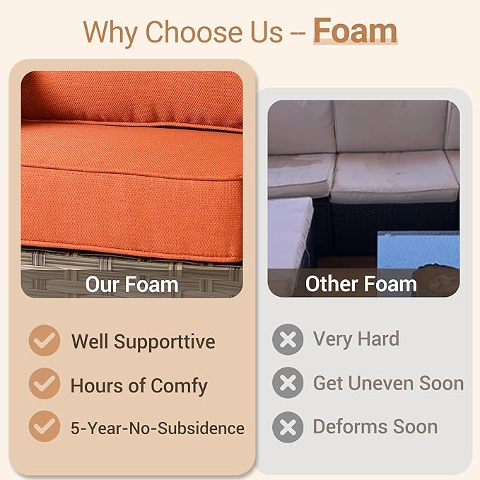 HOOOWOOO Outdoor Patio Furniture Set,8 Pieces Wicker Out Door Sectional Furniture L Shaped Couch,Patio Conversation Sets with Swivel Rocking Chair LED Table,Orange Red