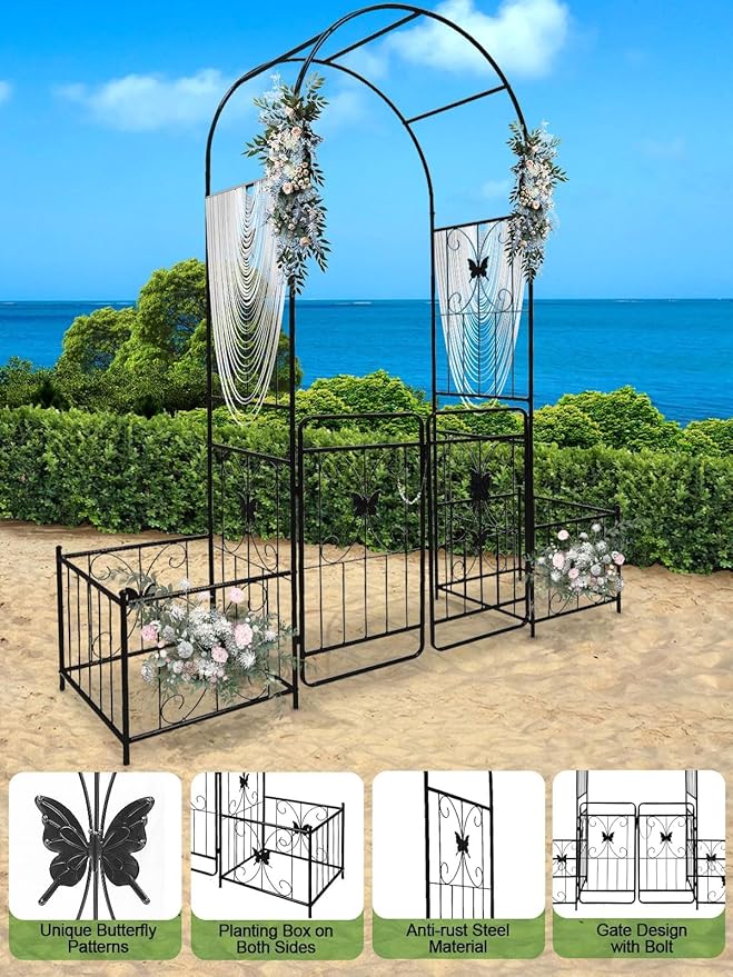Kalolary Garden Arch with Gate and Plant Box, Heavy Duty Metal Butterfly Garden Arbor for Climbing Plant Raised Bed Rose Vines Climbing Support for Lawn Backyard Patio Outdoor Decor (86.6"x79.8"x20")