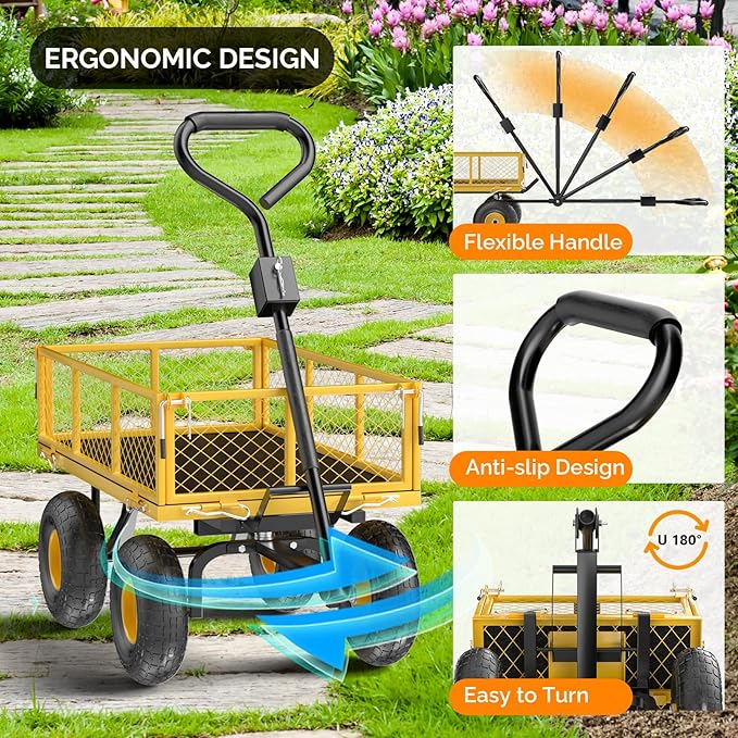 VINGLI Heavy Duty 880 LBS Mesh Steel Garden Cart, Dump Detachable Utility Wheelbarrow, Yard and Garden Wagon Cart with Removable Sides and 10 Inch Wheels(Yellow)