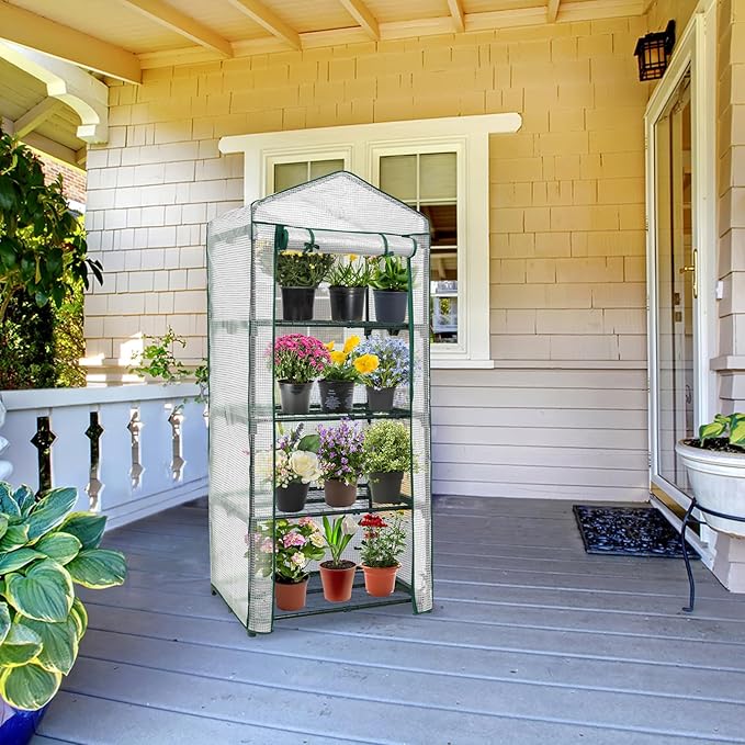 EAGLE PEAK Mini Greenhouse with Wire Shelves, Portable Indoor & Outdoor Green House with Roll-Up Zipper Door, 4 Tier, 27.2"x19.3"x64.2", Clear/White PE Cover