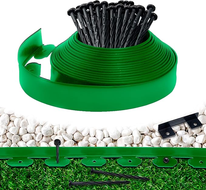 Landscape Edging Border 33 FT 2 Inch Tall with 60 Spikes, Plastic Edging for Landscaping, Garden Edging Border， Flower Bed, Paver and Lawn Edging Border, Green