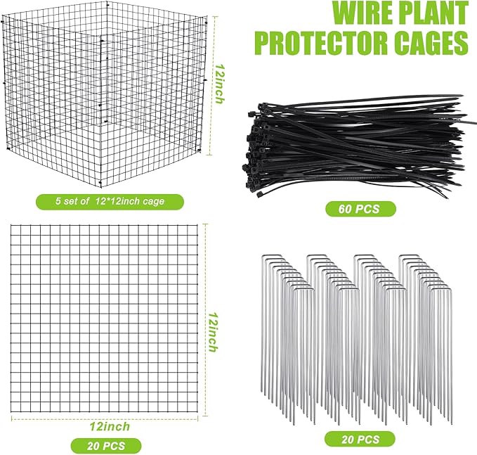 Zubebe 5 Pack Small Wire Plant Protectors Square Plant Protectors from Animals Mesh Cage Chicken Wire Cloche for Shrubs and Vegetables with Ground Stakes and Nylon Ties (12 x 12 Inch)
