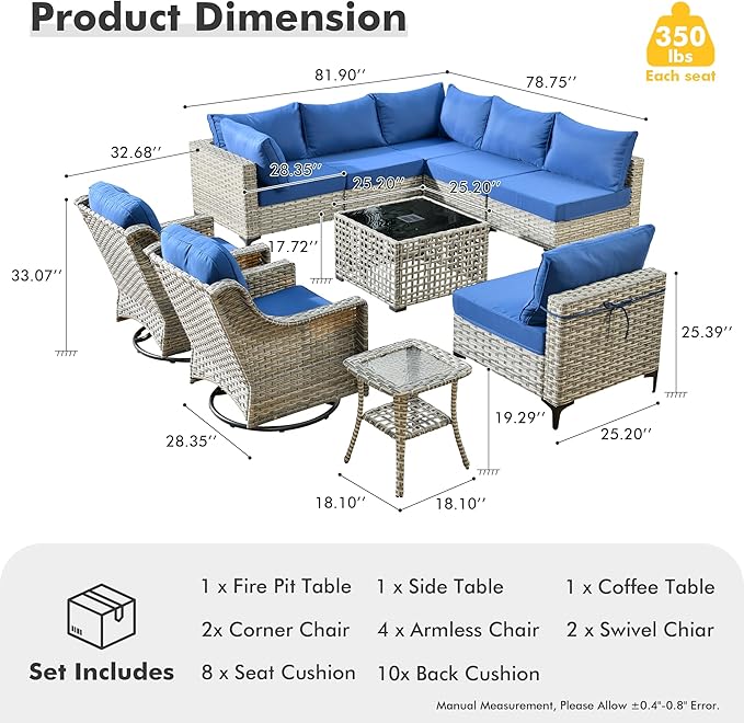HOOOWOOO Outdoor Patio Furniture Set,10 Pieces Wicker Out Door Sectional Furniture L Shaped Couch,Patio Conversation Sets with Swivel Rocking Chair LED Table,Navy Blue