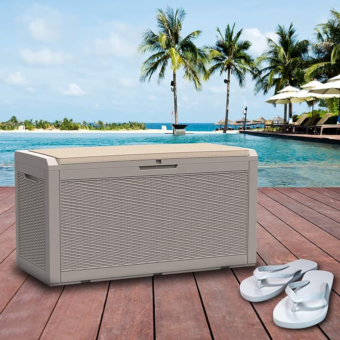 Modern-Depo 100 Gallon Polypropylene PP Deck Box Indoor Outdoor Waterproof Lockable Organization Container & Storage Bin Delivery Box with Cushion, Gray