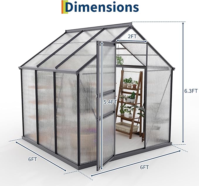 6*6 FT Outdoor Walk-in Greenhouse, Polycarbonate Green House, Heavy Duty Greenhouse with Vented Roof Window, Windproof Aluminum Frame, Suitable for Outside Gardening, Backyard, Patio