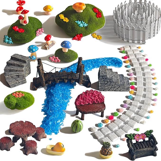 Kai Dream Fairy Garden Accessories, Fairy Garden Kit, 118 Pieces of Miniature Decor: Mushrooms, Bridge, Steps, Moss, Furniture Figurines, Fake Fence, Flowers, and Blue Crystal Gravel